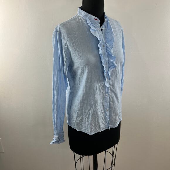 Ines De La Fressange UNI QLO Blue White Top Ruffle Metallic Stripe Size Medium M - Picture 4 of 10